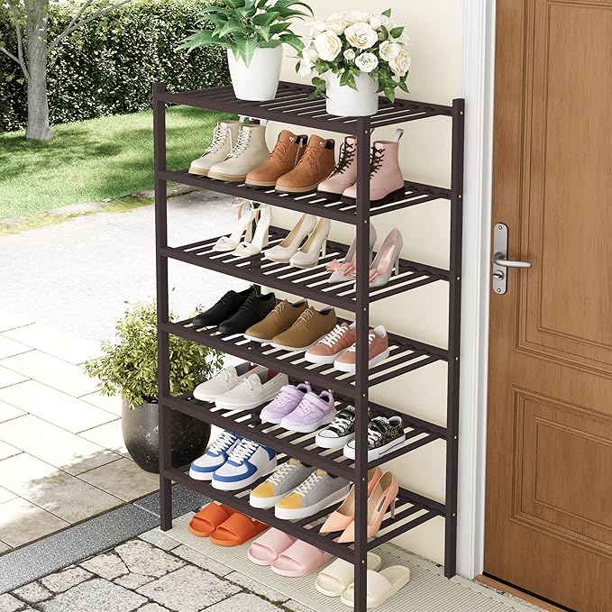 Smiry Shoe Rack, 6 Tier Thick Bamboo Shoe Organizer, Stackable Free Standing Wooden Shoe Storage Shelf for Closet, Entryway, Front Door Entrance, Brown-NeatNest