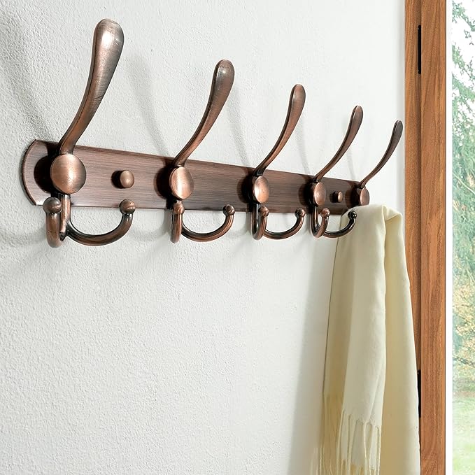 Dseap Wall Mounted Coat Rack - 5 Tri Hooks, Heavy Duty, Stainless Steel, Metal Coat Hook Rail for Coat Hat Towel Purse Robes Mudroom Bathroom Entryway,Antique Copper-NeatNest