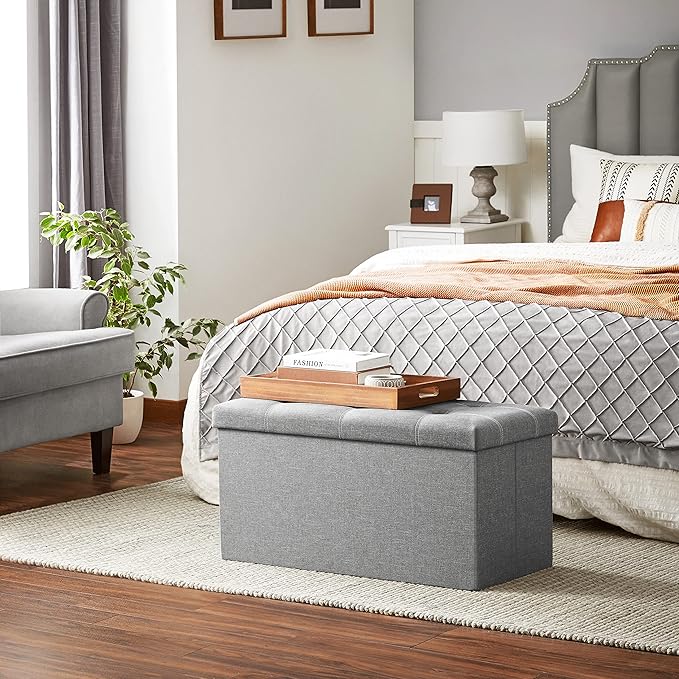 SONGMICS MAZIE Collection - 30 Inches Ottoman Storage Bench, 21 Gal. Folding Chest with Breathable Linen-Look Fabric, Load up to 660 lb, for Entryway, Living Room, Bedroom, Light Gray ULSF001G02-NeatNest