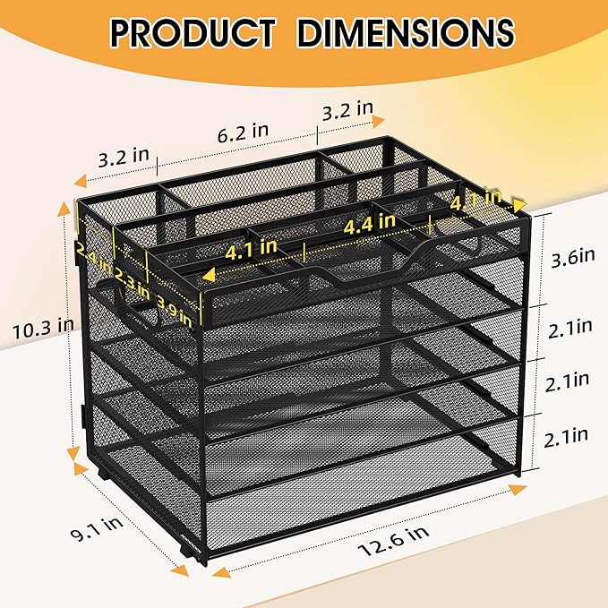 5 Tier Paper Letter Tray with 3 Drop-in Pen Holders, Mesh Desk File Organizer with Handle, Desk Organizers and Accessories for School,Home, Office Supplies Storage-Black-NeatNest