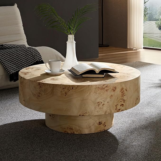 Coffee Table Round Wood 31.49" for Living Room Small Modern Coffee Tables Natural Burl Circle Drum Tea Center Cocktail Fluted Handcraft Home Furniture for Apartment Small Space Easy Assembly-NeatNest