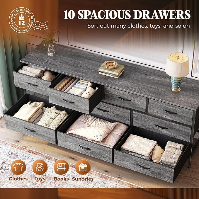 Huuger 63 Inch Dresser for Bedroom, Long Dresser with 10 Fabric Drawers, TV Stand for 55, 65, 70 Inch TV, Toy Storage Organizer for Closet, Grey-NeatNest