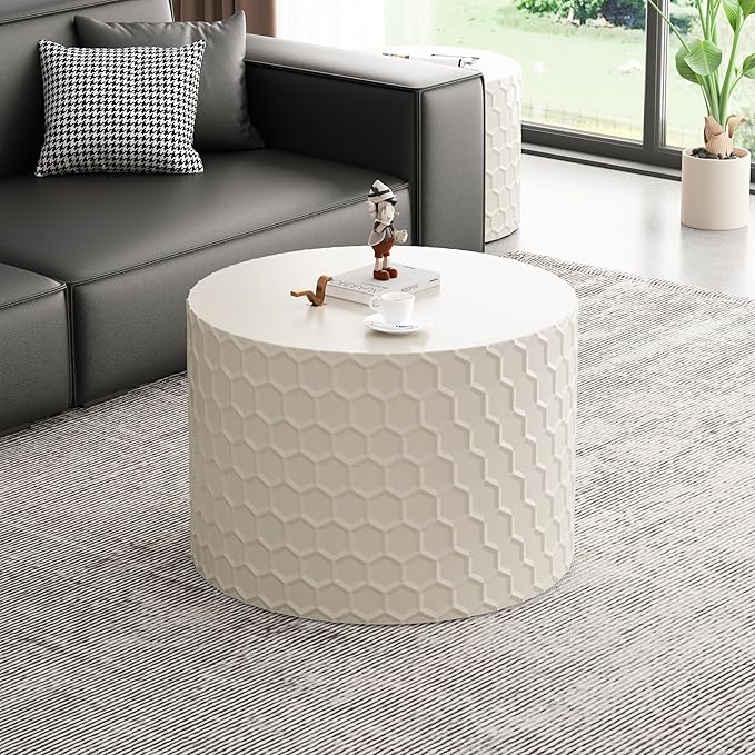 Kevinplus Round Nesting Coffee Table Set of 2, Modern Circle Drum Side Table for Living Room, Contemporary Coffee Table Set, No Assembly, White/Beige