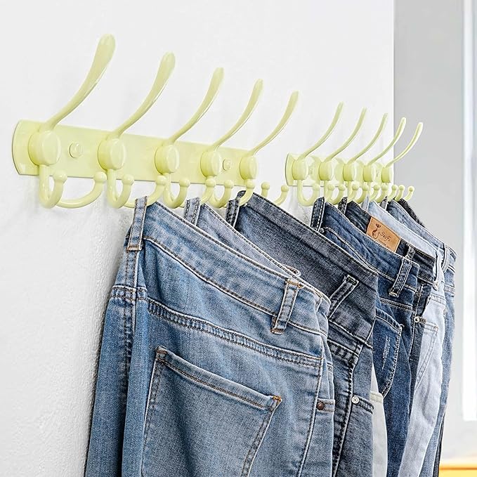 Dseap Coat Rack Wall Mounted - 5 Tri Hooks, Heavy Duty, Stainless Steel, Metal Coat Hook Rail for Coat Hat Towel Purse Robes Mudroom Bathroom Entryway (Yellow, Pack of 2)-NeatNest