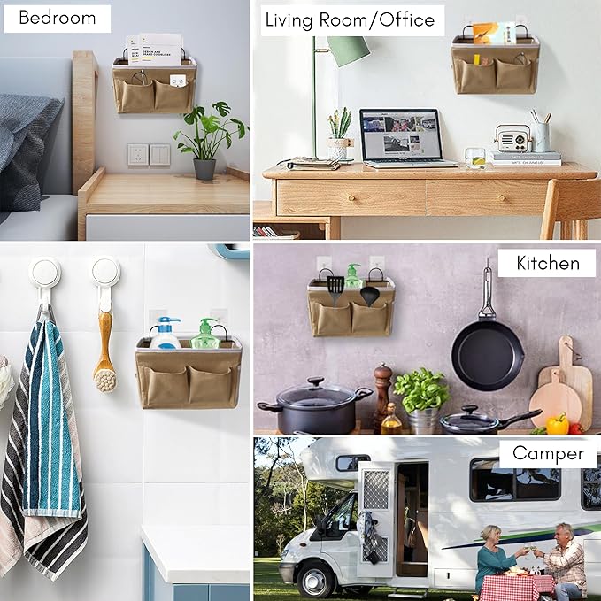 2pcs Middle Wall Hanging Organizer Bag, Linen Fabric Door Hanging Storage Basket with Pockets, Waterproof Bin for Kitchen, Bedroom, Office, RV Camper (Khaki)-NeatNest