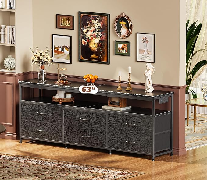 Huuger 63 Inch TV Stand for 55, 65, 70 Inch TV, Long Dresser TV Stand for Bedroom, Black LED TV Stand with Power Outlets, Fabric Drawer Dresser with Storage, Entertainment Center for Living Room-NeatNest