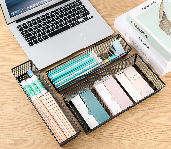 BYCY 3 Pack Mesh Flatware Drawer Organizer for Kitchen/Office/Home Tools,Spoon Knife Fork Organizers Box Utensil Tabletop Storage Tray (12 x 6 x 2 Inch)-NeatNest