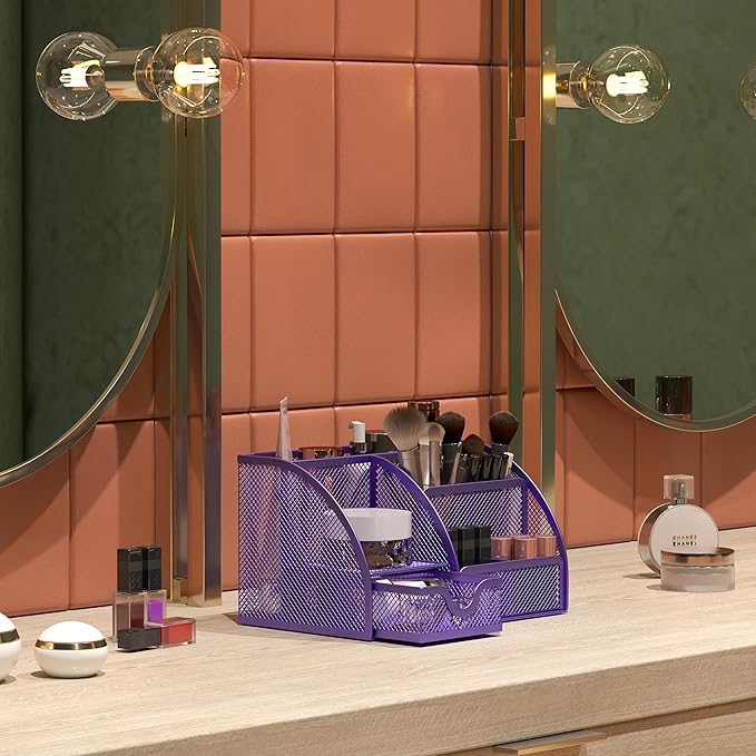EasyPAG Mesh Desk Organizer, Multi-functional Stationery Organizer for School Supplies, Office Pen Holder for Desk, 6 Compartments Dorm Organization with Drawer, Purple