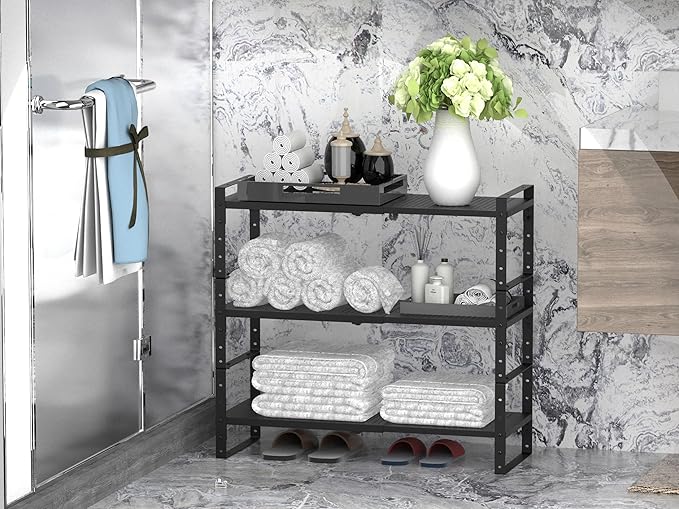 Expandable Stackable Aadjustable Shoe Rack Pantry Shelf for Kitchen Cabinets Counter Shelves Countertop Cupboard Storage Solution,Sturdy Heavy-Duty Metal Construction(2Packs/Black/Medium)-NeatNest