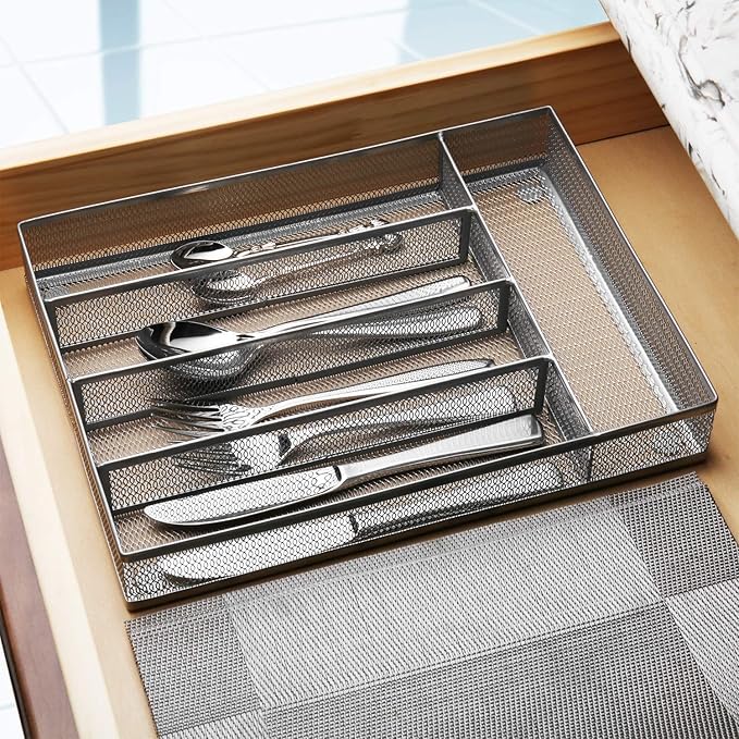 JANE EYRE Drawer Organizer, Cutlery Tray Silverware Flatware Storage Divider for Kitchen, Mesh Wire with Non-slip Foam Feet, 5 Component, Silver-NeatNest