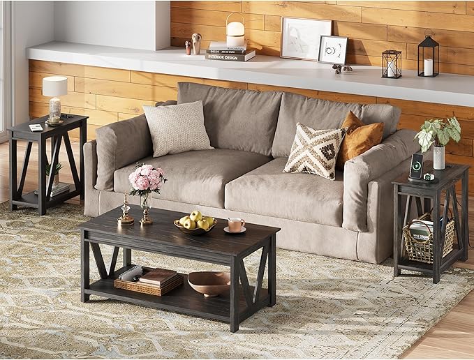 WLIVE End Tables Living Room Set of 2 with Charging Station, Sofa Side Tables with Open Storage Shelf, Slim Farmhouse End Table Sets, Charcoal Black