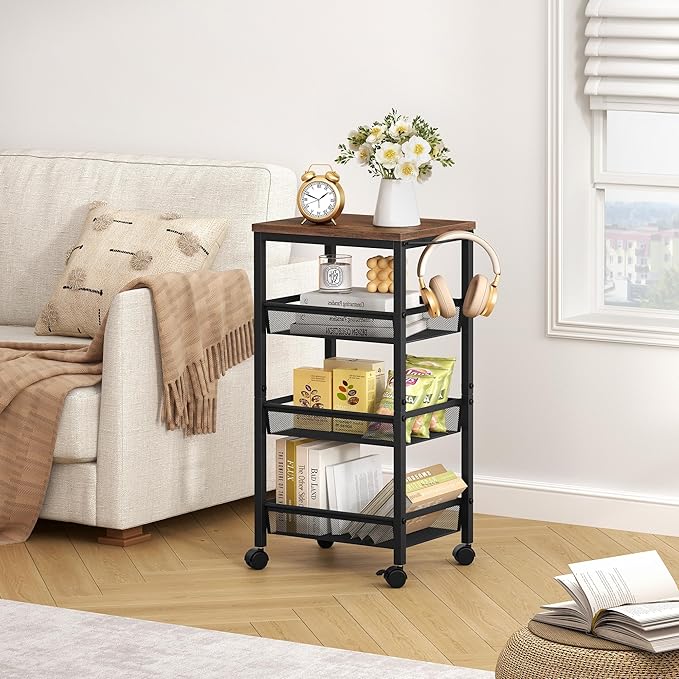Hoctieon Rolling Storage Cart, 4-Tier Wide Panel Kitchen Storage Cart, Utility Carts with Handle & Wheels, Mobile Shelving Unit, Metal Frame Narrow Carts for Home Kitchen, Laundry, Rustic Brown