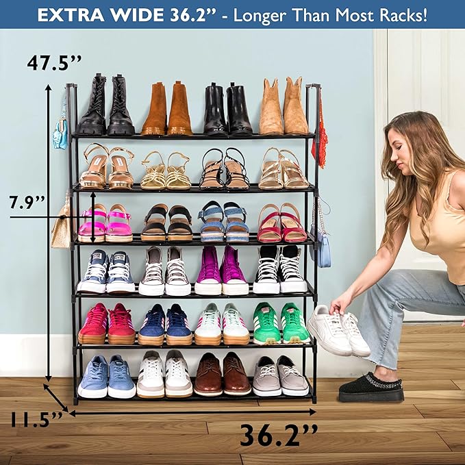 Sundaze Shoe Rack - 6 Tier Metal Shoe Rack for Front Door Entrance, Sturdy Tall Shoe Organizer for Closet, Bedroom, Entryway, Garage, Black Metal Shoe Shelf, Holds Up to 30 Pairs-NeatNest