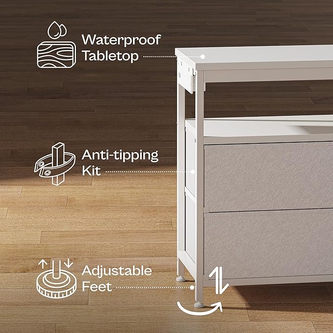 Huuger LED TV Stand for Bedroom, 55 Inch Fabric Dresser with Power Outlets, Entertainment Center for 60, 55, 50 Inch TV, 6 Drawer Dresser for Bedroom, Chest of Drawers with Shlef, PU Leather, White-NeatNest