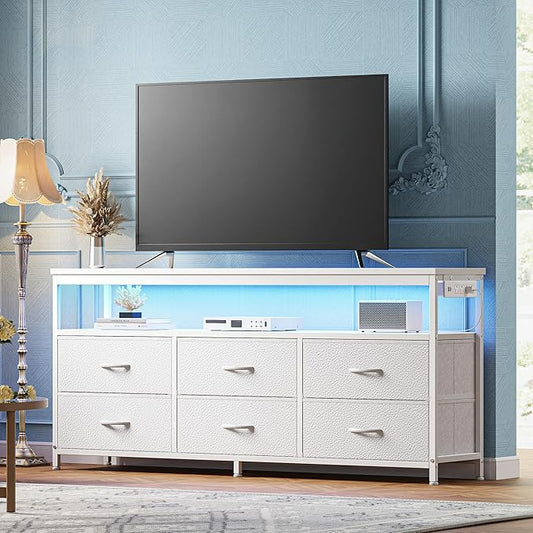 Huuger LED TV Stand for Bedroom, 55 Inch Fabric Dresser with Power Outlets, Entertainment Center for 60, 55, 50 Inch TV, 6 Drawer Dresser for Bedroom, Chest of Drawers with Shlef, PU Leather, White-NeatNest