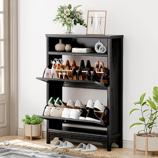 Chogori Solid Wood Shoe Storage Cabinet for Entryway - Narrow Freestanding Shoe Organizer with 2 Flip-Up Drawers, Hallway Shoe Rack with Sturdy Wooden Legs for Foyer, Living Room (1, Onyx Black)