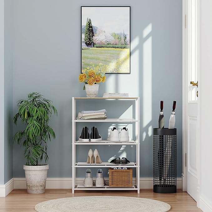 Yusong Shoe Rack Organizer, 5 Tier Industrial Shoe Storage Shelf, Narrow Sturdy Metal Shoe Shelves for Closet Entryway, White-NeatNest