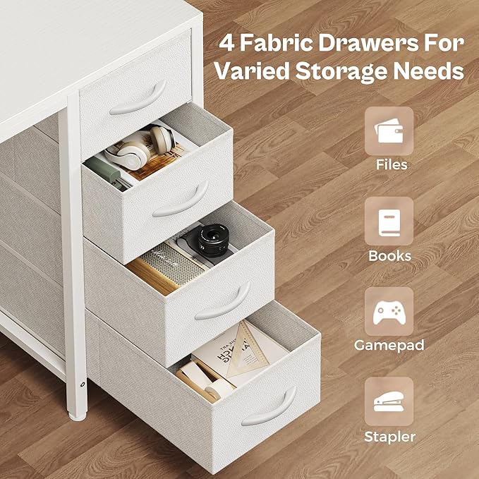 Huuger 47 inch Computer Desk with 4 Drawers, Gaming Desk with LED Lights & Power Outlets, Home Office Desk with Large Storage Space for Bedroom, Work from Home, White-NeatNest
