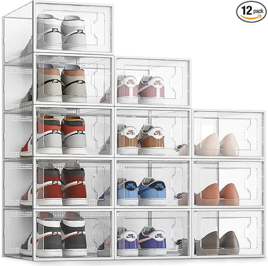 SEE SRPING XX-Large Shoe Storage Box Fit Size 14, Clear Plastic Stackable Shoe Organizer for Closet, Shoe Rack Sneaker Containers Bins Holders, Drawer Organize Unit, 12 Pack Clear-NeatNest