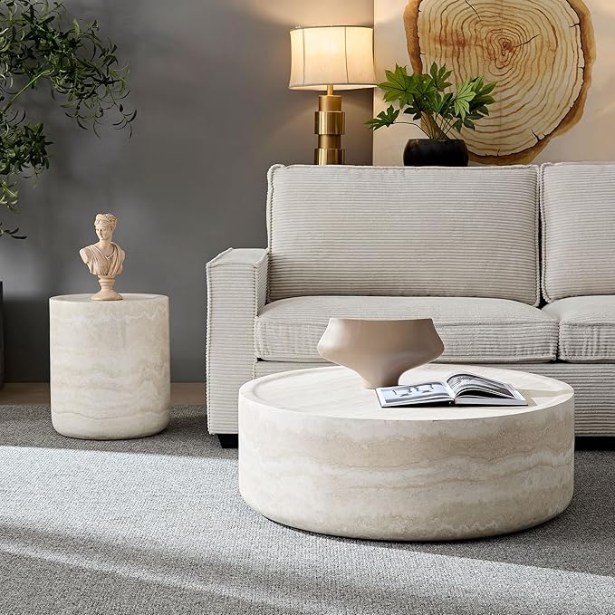 Round Coffee Table Set of 2 for Living Room Modern Drum Center Table Circle Side Tables for Apartment, No Need Assembly (Fiberglass 35.43" &15.74")