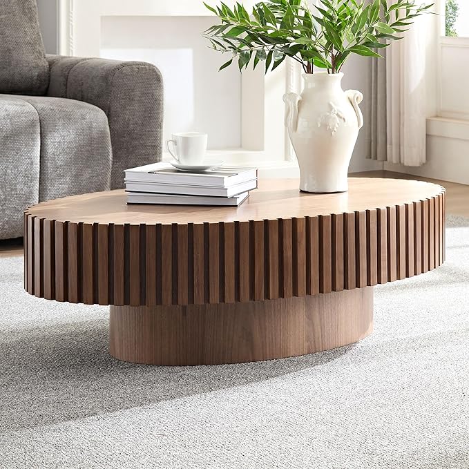 Kevinplus Walnut Oval Coffee Table - Modern Wood Coffee Table for Living Room, Contemporary Circle Fluted Drum Design, Easy Assembly (43.7'' x 24.8'' x 13.38'')