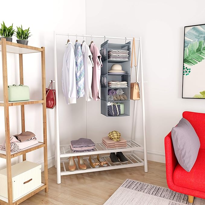 MAX Houser 5 Shelf Hanging Closet Organizer,Space Saver, Closet Hanging Shelves with (4) Side Pockets,Foldable,Light Grey-NeatNest