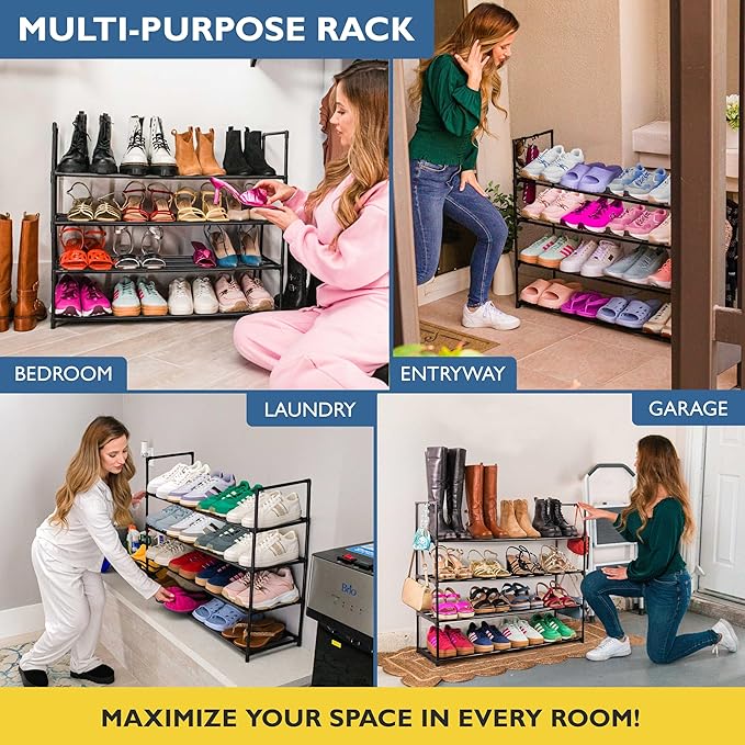 Sundaze Shoe Rack - 4 Tier Metal Shoe Rack for Front Door Entrance, Sturdy Long Shoe Organizer for Closet, Bedroom, Entryway, Garage, Black Metal Shoe Shelf, Holds Up to 20 Pairs-NeatNest