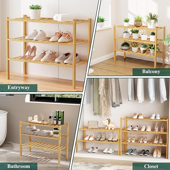 Smiry Shoe Rack, 3 Tier Bamboo Shoe Organizer, Stackable Free Standing Wooden Shoe Storage Shelf for Closet, Entryway, Front Door Entrance, Natural-NeatNest