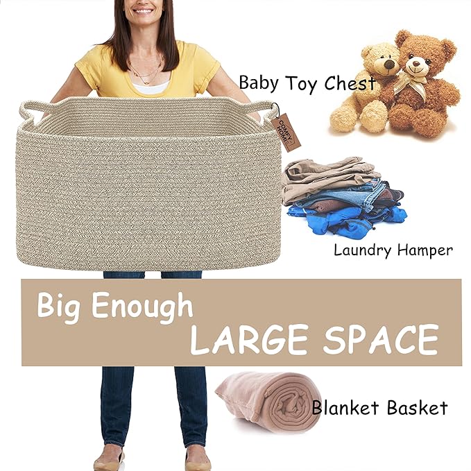 COMFY-HOMI Large Rectangular Blanket Basket, Woven Cotton Rope Baskets for Storage, Laundry Hamper Basket, Storage Bin,Toy Organizing Bin with Handle, Organization and Storage-22x15x12”-Brown-NeatNest