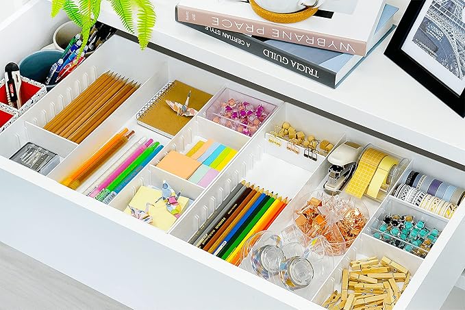 CAXXA 3 Slot Drawer Organizer with 4 Adjustable Dividers - Junk Drawer Storage for Makeup & Vanity, Office Desk Supplies and Accessories (WHITE, 1 PACK)-NeatNest