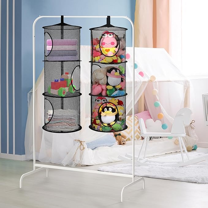 2Pcs Stuffed Animal Storage Foldable Stuffed Animal Net or Hammock Organizer, 3 Compartments Hanging Mesh Toy Storage Hammock for Kid Room Toys, Gloves, Hats, Socks(Black)-NeatNest