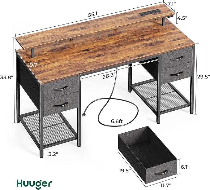 Huuger 55 inch Computer Desk with 4 Drawers, Gaming Desk with LED Lights & Power Outlets, Home Office Desk with Large Storage Space for Bedroom, Work from Home, Rustic Brown-NeatNest