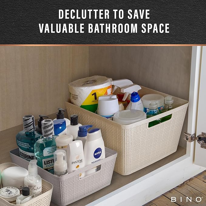 BINO | Woven Plastic Basket | Small (Natural), 5-Pack | THE JUTE COLLECTION | Home Organization, Space - Saving Storage, Stylish Design | Jute Basket | Plastic Storage Basket-NeatNest