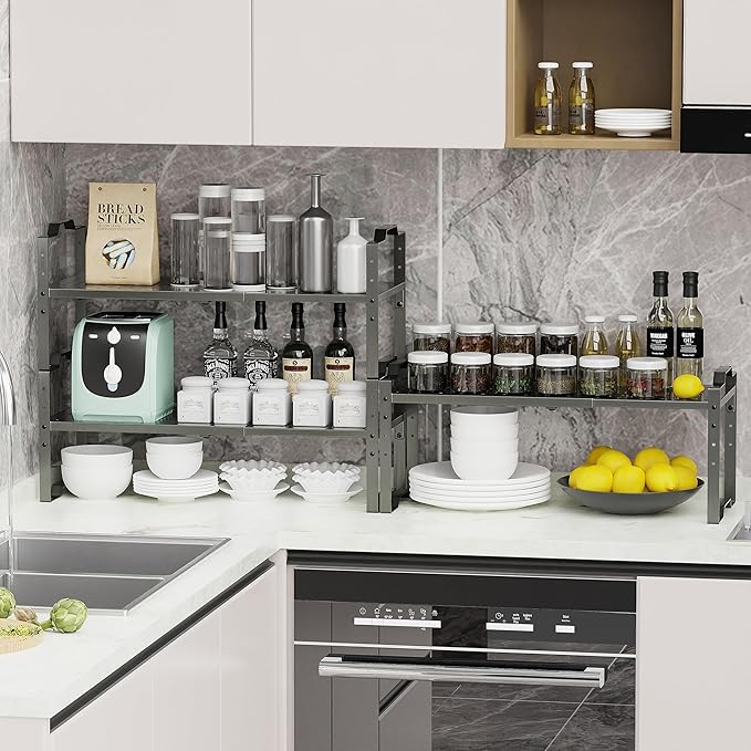 Expandable Shelf for Cabinet Organizer Adjustable Stackable Spice Rack at Kitchen and Bathroom More, Counter Countertop Cupboard Organization Pantry Storage (1 Pack/Gun-Grey, Large)-NeatNest