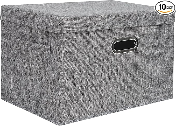 DAYARD Foldable Storage Boxes with Lids Linen Fabric Stackable Storage Bins Organizer Containers Baskets Cube with Cover for Closet Office Nursery, Grey (15 x 10 x 10)-NeatNest