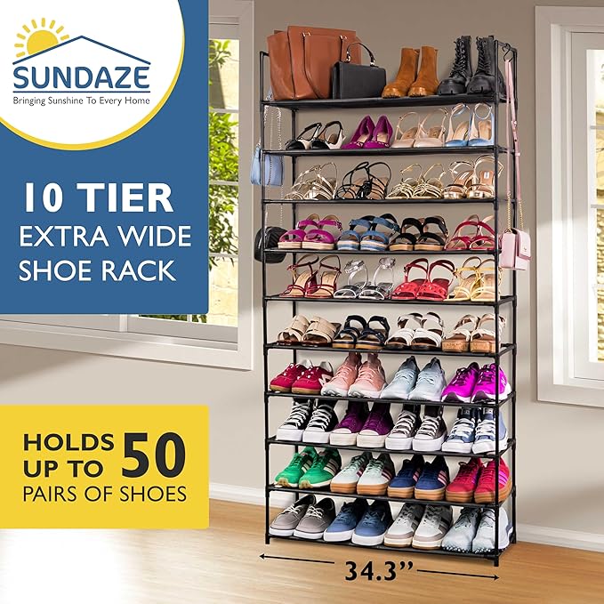 Sundaze Shoe Rack - 10 Tier Shoe Rack for Front Door Entrance, Sturdy Tall Shoe Organizer for Closet, Bedroom, Entryway, Garage, Non Woven Fabric Shelf, Black, Holds Up to 50 Pairs-NeatNest