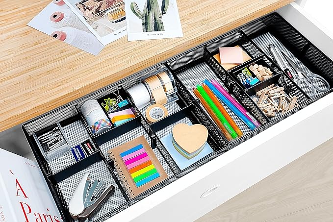 CAXXA Mesh 3 Slot Desk Drawer Organizer with Four Adjustable Dividers - Black-NeatNest