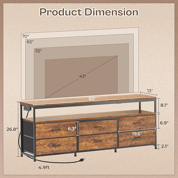 Huuger 63 Inch TV Stand for 55, 65, 70 Inch TV, Long Dresser TV Stand for Bedroom, LED TV Stand with Power Outlets, Rustic Fabric Drawer Dresser with Storage, Entertainment Center for Living Room-NeatNest