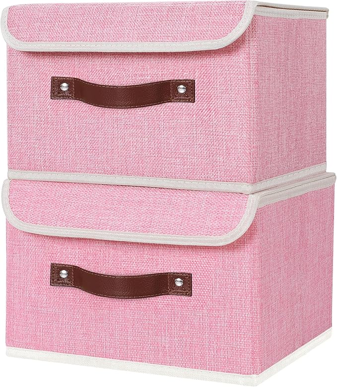 ANMINY 2PCS Storage Bins with Lid PU Leather Handles Storage Boxes PP Plastic Board Decorative Foldable Lidded Cotton Linen Fabric Home Cubes Baskets Closet Organizer Containers - Pink, Small Size-NeatNest