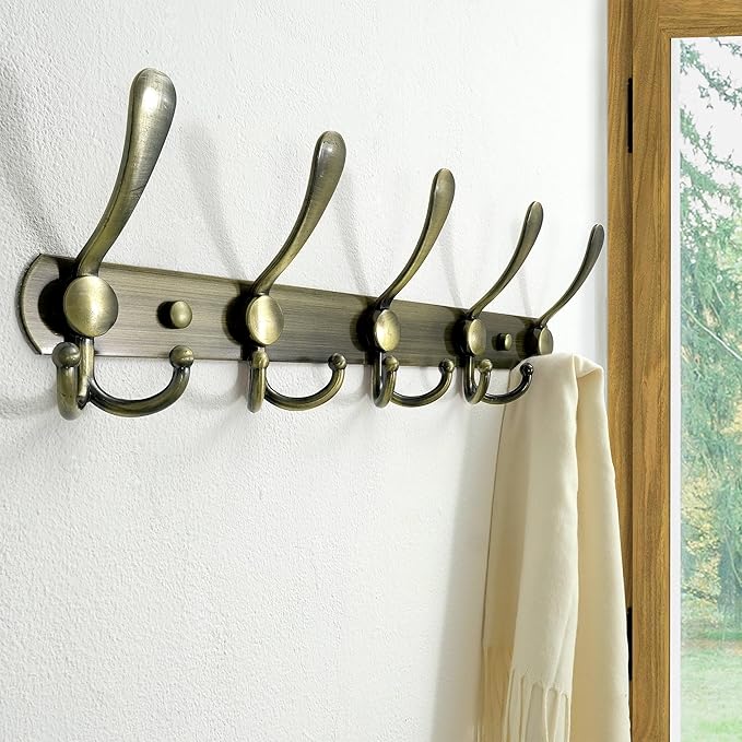 Dseap Wall Mounted Coat Rack - 5 Tri Hooks, Heavy Duty, Stainless Steel, Metal Coat Hook Rail for Coat Hat Towel Purse Robes Mudroom Bathroom Entryway (Bronze, 2 Packs)-NeatNest