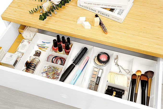 CAXXA 3 Slot Drawer Organizer with 4 Adjustable Dividers - Drawer Storage 7 Compartments Junk Drawer Organizer for Office Desk Supplies and Accessories, White-NeatNest