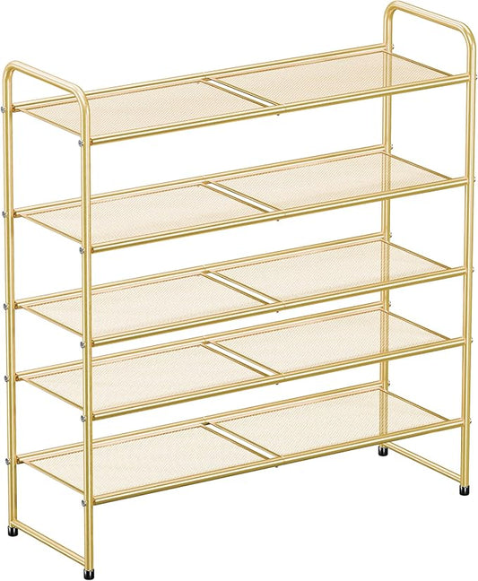 SUFAUY 33" Wide Shoe Rack, 5-Tier Shoe Storage Rack for 24-30 Pairs of Shoes, Mesh Shoe Organizer for Entryway Closet, Steel Frame, Industrial, Gold