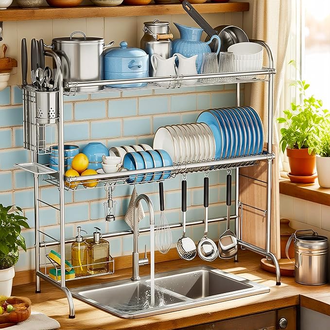 MOUKABAL Dish Drying Rack - Stainless Steel Over The Sink Dish Drying Rack (Expandable Length), 2 Tier Large Dish Rack with Utensil Holder, 32.3" - 33.9"(L) x 11.4"(W) x 32.3"(H) Silver