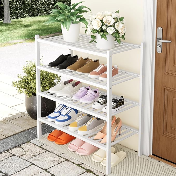 Smiry Shoe Rack, 4 Tier Thick Bamboo Shoe Organizer, Stackable Free Standing Wooden Shoe Storage Shelf for Closet, Entryway, Front Door Entrance, White-NeatNest