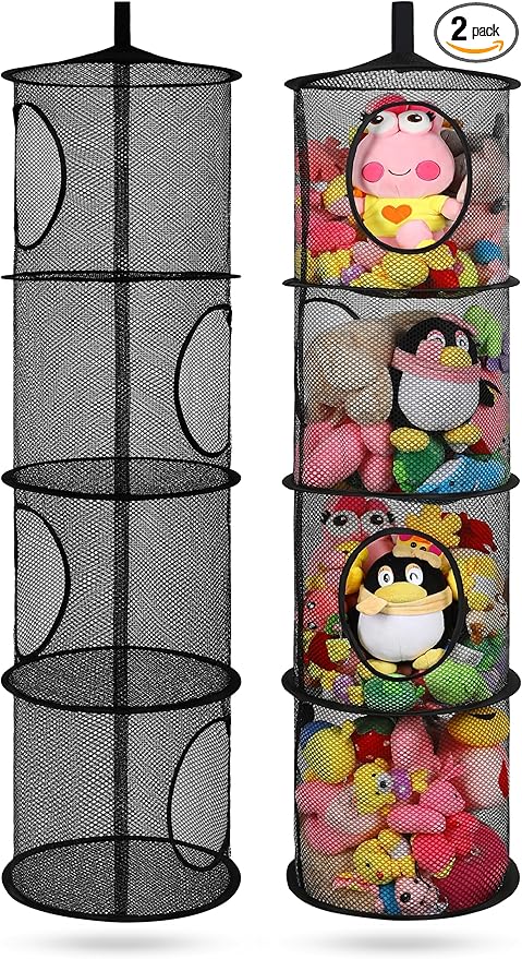 2Pcs Stuffed Animal Storage Organizer Foldable Stuffed Animal Net or Hammock Organizer, 4 Compartments Hanging Mesh Toy Storage Hammock for Kid Room Toys, Gloves, Hats, Socks(Black)-NeatNest