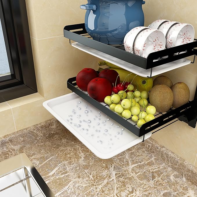 Wall Mounted Stainless Steel Dish Drying Rack Fruit Vegetable Storage Basket with Drainboard and Hanging Chopsticks Cage Knife Holder Kitchen Supplies Shelf Utensils Organizer (3-Tier)