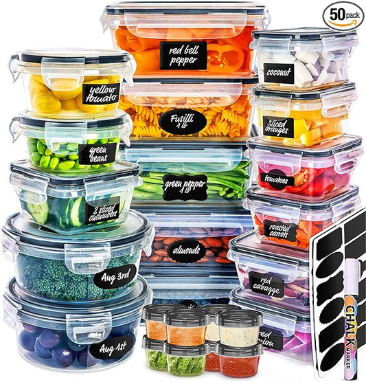 fullstar 50-Piece Plastic Food Storage Containers with Lids (24 Containers & 24 Lids) - Leakproof, BPA-Free, Meal Prep Containers, Reusable Lunch Storage Set for Kitchen Organization (Pack of 50)-NeatNest