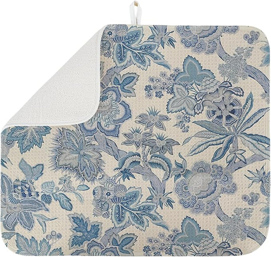 Dish Drying Mat for Kitchen Counter Large 16" x 18" Retro Blue Flower Absorbent Microfiber Dishes Drainer Rack Mats Pad Reusable Washable