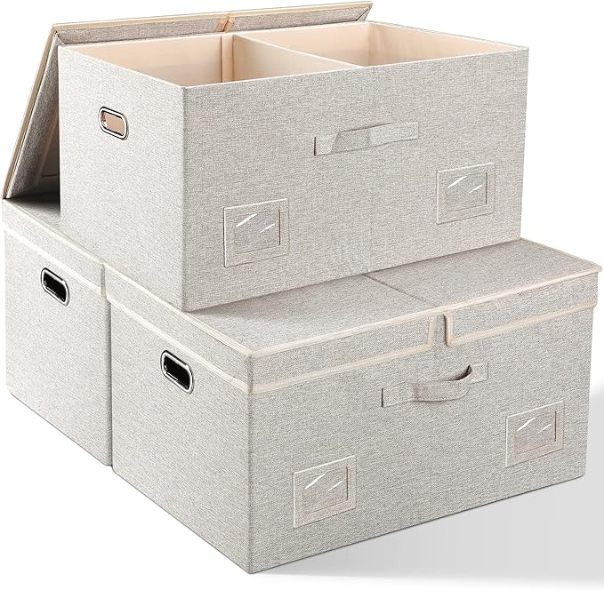 75 Quarts Extra Large Decorative Storage Bins with Lids, 3 Packs Beige Collapsible Storage Bins with Lids, Stackable Storage Bins Decorative Box Storage With Lid Extra Large-NeatNest