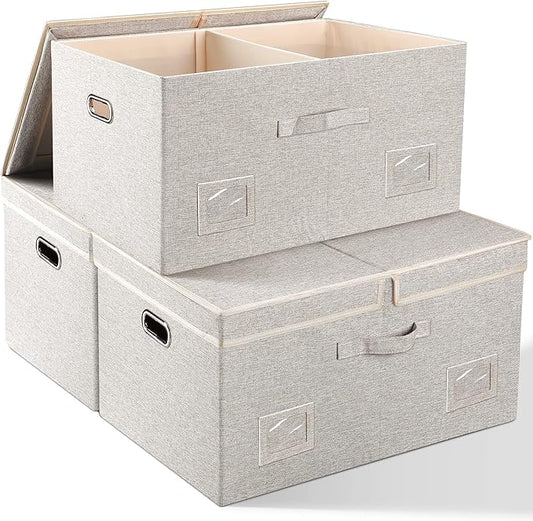 75 Quarts Extra Large Decorative Storage Bins with Lids, 3 Packs Beige Collapsible Storage Bins with Lids, Stackable Storage Bins Decorative Box Storage With Lid Extra Large-NeatNest